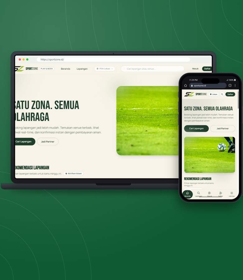 Tampilan website SportZone - Platform Booking Lapangan Olahraga Online