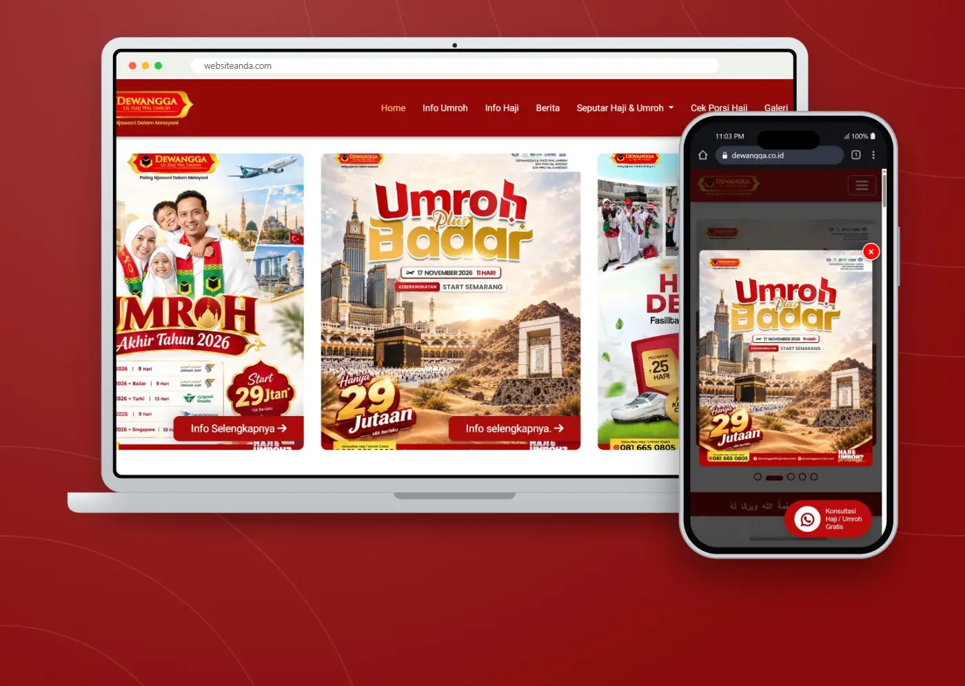 Tampilan website Website Company Profile PT Dewangga Travindo (Dewangga Lil Hajj Wal Umroh)